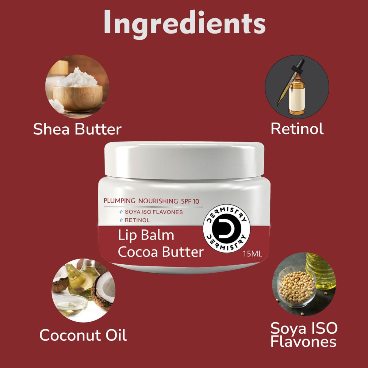 DERMISTRY strawberry nourishing lip care balm with SPF, cocoa butter, suitable for dry, pigmented, chapped lips in a tube.