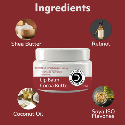 DERMISTRY strawberry nourishing lip care balm with SPF, cocoa butter, suitable for dry, pigmented, chapped lips in a tube.