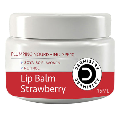 DERMISTRY Strawberry Lip Care Balm with SPF for dry, chapped, and pigmented lips, featuring nourishing strawberry extract.