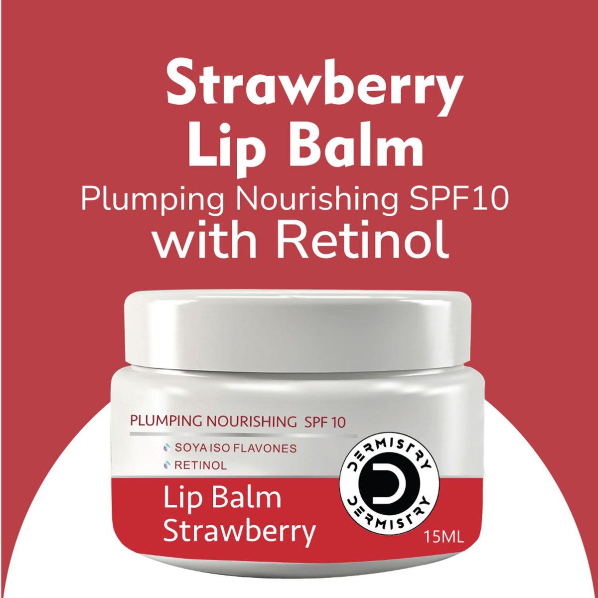 DERMISTRY Strawberry Nourishing Lip Care Balm with SPF for dry, chapped, pigmented lips, featuring a strawberry flavor and moisturizing formula.