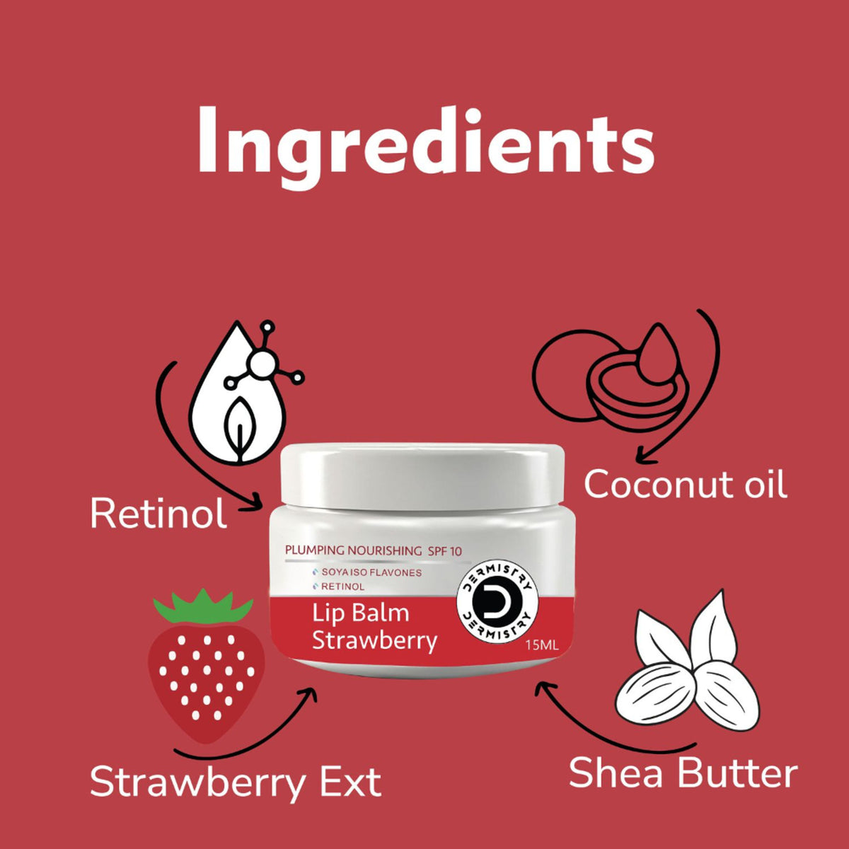 DERMISTRY Strawberry Nourishing Lip Care Balm with SPF for dry, dark, pigmented, chapped lips, featuring a strawberry flavor and moisturizing formula.