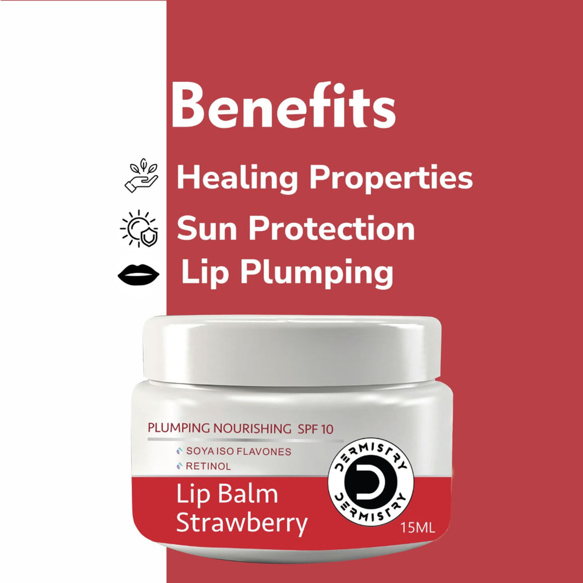 DERMISTRY strawberry nourishing lip care balm with SPF, showing the balm tube and fresh strawberries on a white background.