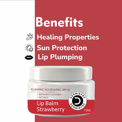 DERMISTRY strawberry nourishing lip care balm with SPF, showing the balm tube and fresh strawberries on a white background.
