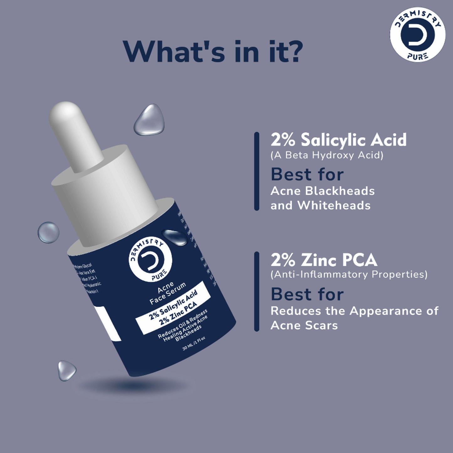 DERMISTRY 2% Salicylic Acid Zinc Face Serum For Oily Acne Prone Skin Open Pores Spots Scars Removal