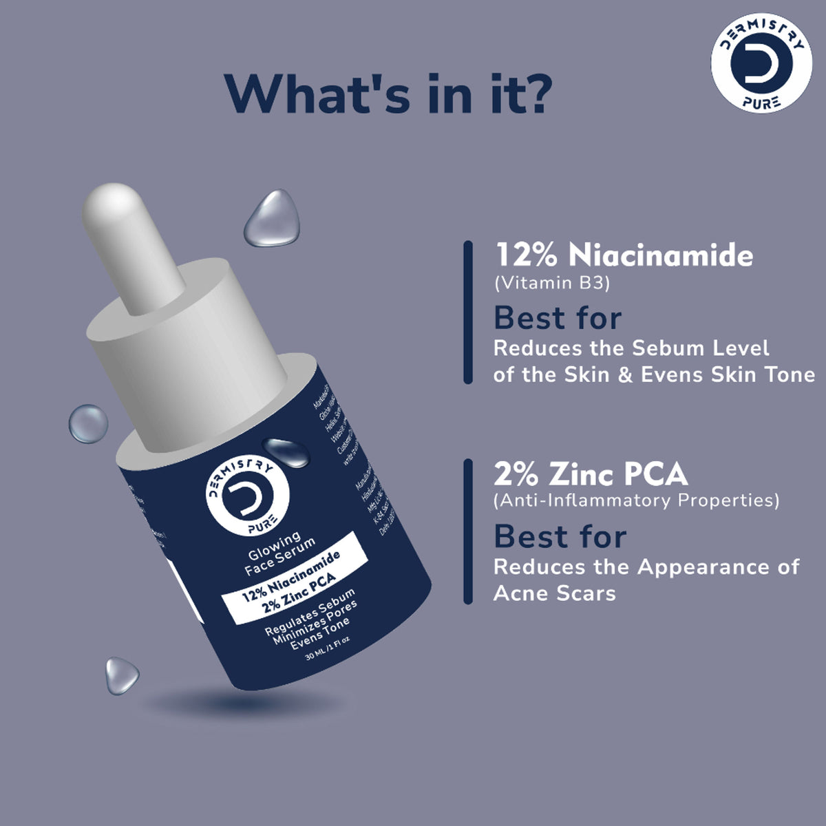 DERMISTRY 12% Niacinamide Zinc oil control face serum for minimizing pores, acne scars, and spot correction.