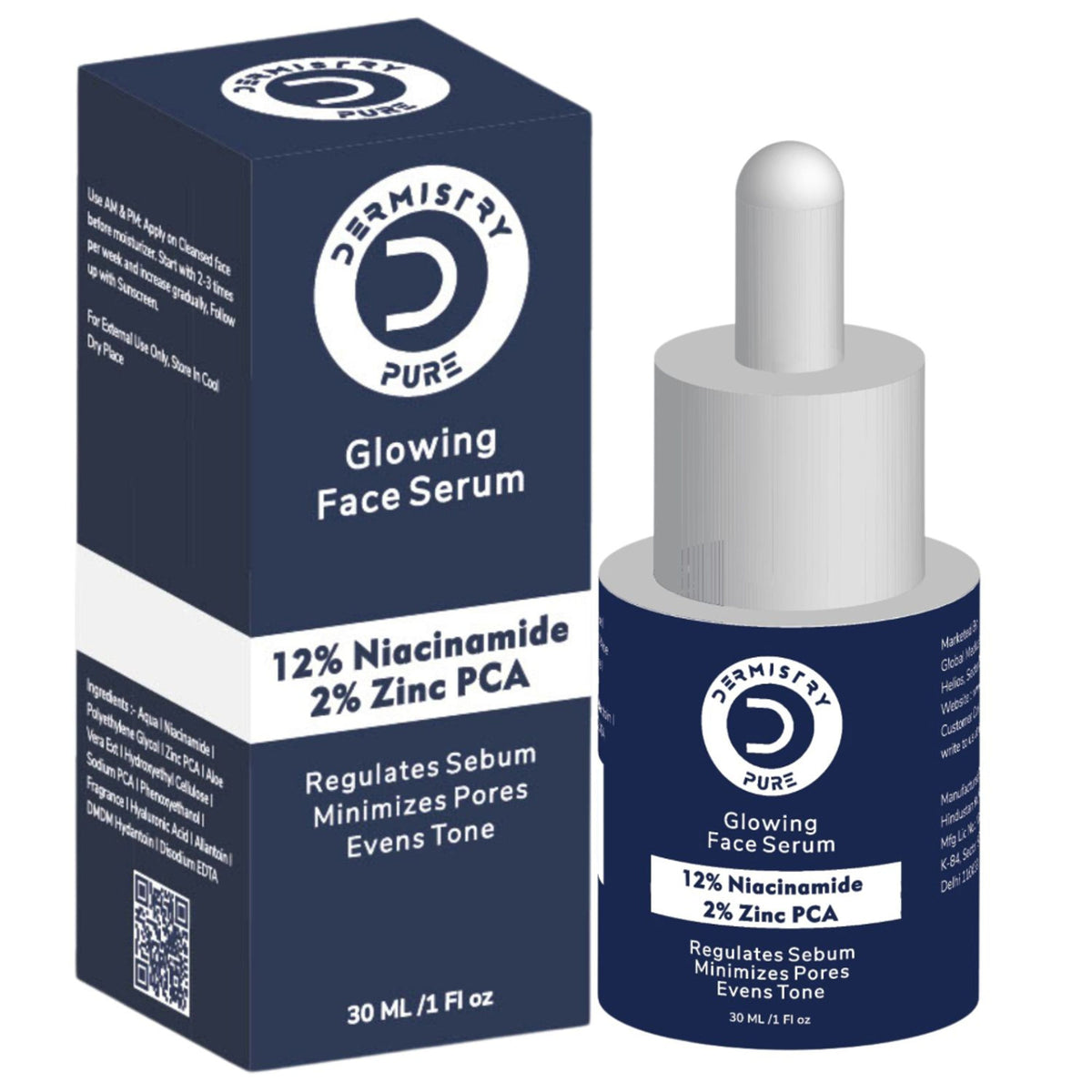 DERMISTRY 12% Niacinamide Zinc oil control face serum reducing pores, acne scars, and spots with a clear liquid in a dropper bottle.