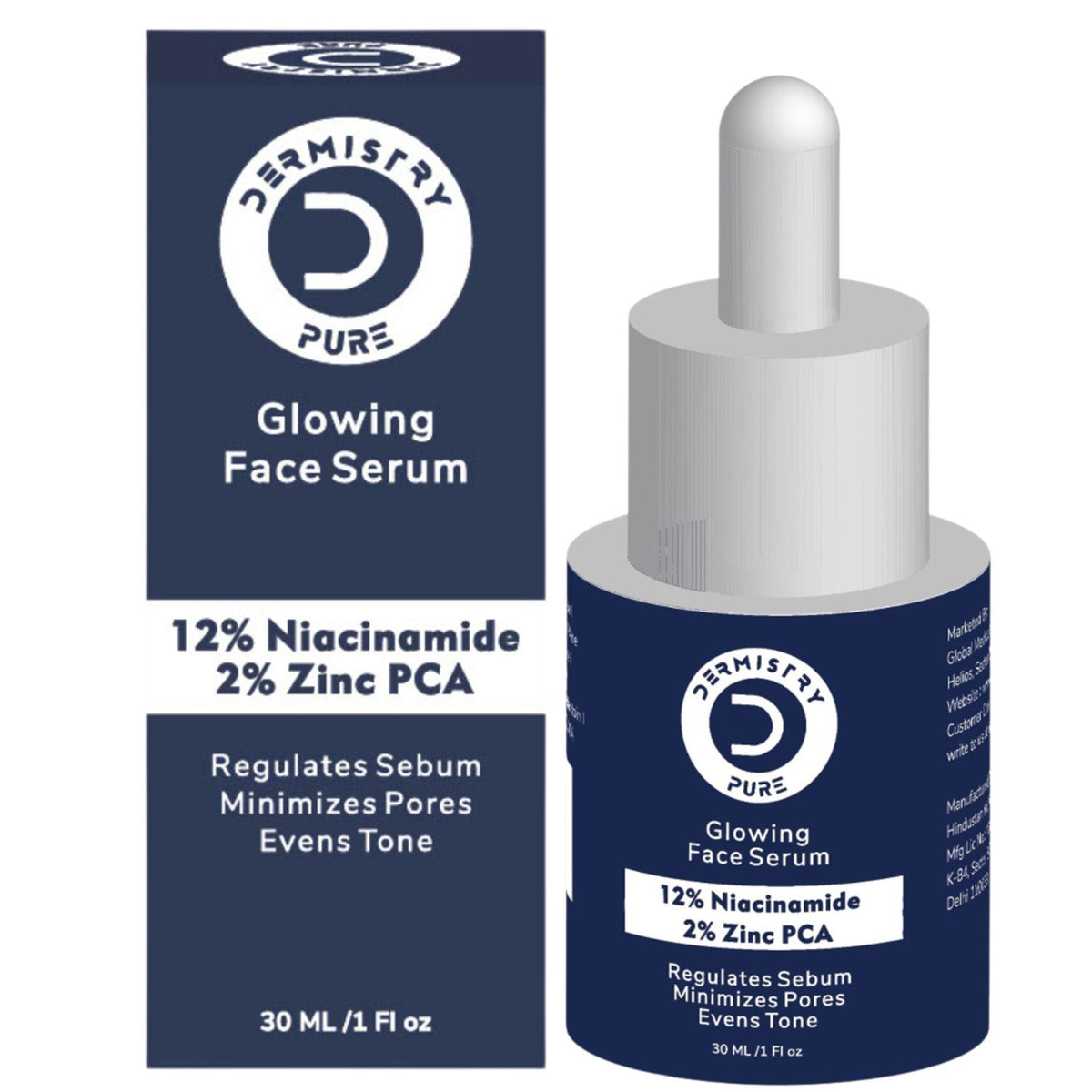 DERMISTRY 12% Niacinamide Zinc oil control face serum with minimal pores and acne scar spot correction, shown in a clear bottle.