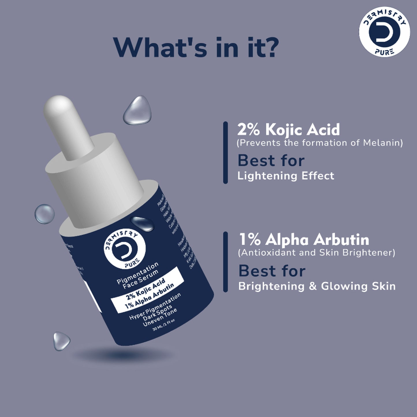 DERMISTRY 2% Kojic Acid Alpha Arbutin Face Serum Pigmentation Removal Lightening Whitening Fairness