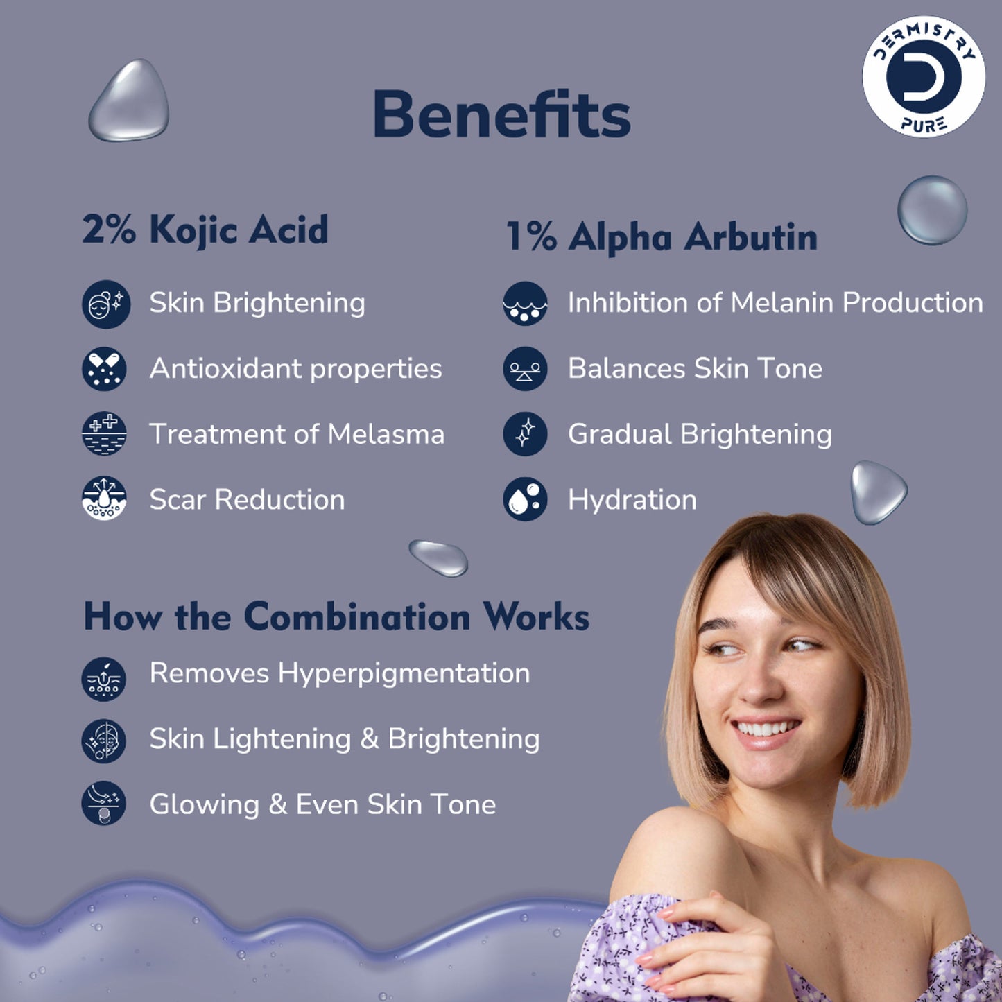 DERMISTRY 2% Kojic Acid Alpha Arbutin Face Serum Pigmentation Removal Lightening Whitening Fairness