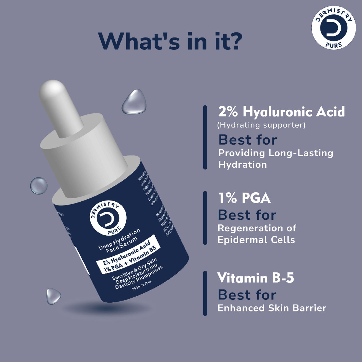 DERMISTRY 2% Hyaluronic Acid 1% PGA Vitamin B5 Moisturizer Face Serum For Sensitive Dry & Oily Skin