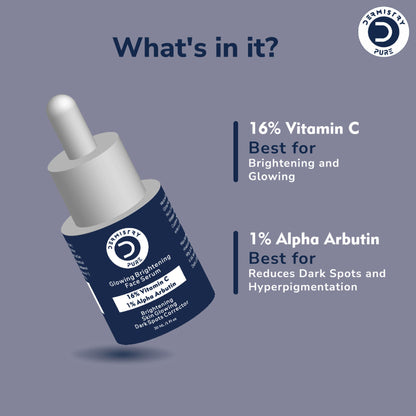 DERMISTRY Vitamin C 1% Alpha Face Serum for dark spots, dull skin, and glowing, fair complexion with brightening ingredients.