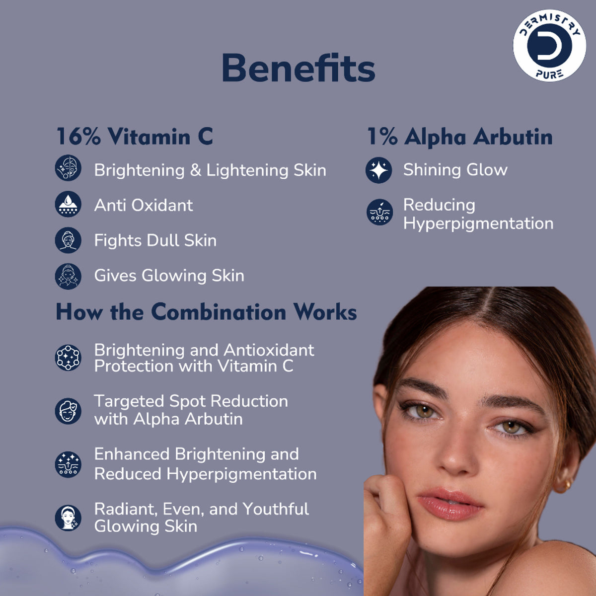 DERMISTRY Vitamin C 16% and Alpha Face Serum for dark spots, dull skin, and glowing, fair skin appearance.
