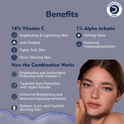 DERMISTRY Vitamin C 16% and Alpha Face Serum for dark spots, dull skin, and glowing, fair skin appearance.