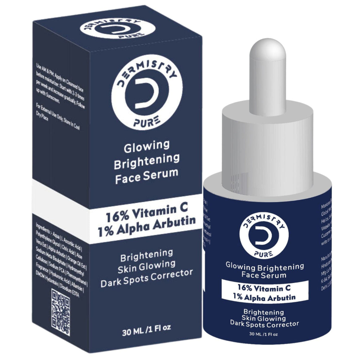 DERMISTRY Vitamin C face serum in a clear bottle, designed to reduce dark spots, brighten dull skin, and enhance glow.