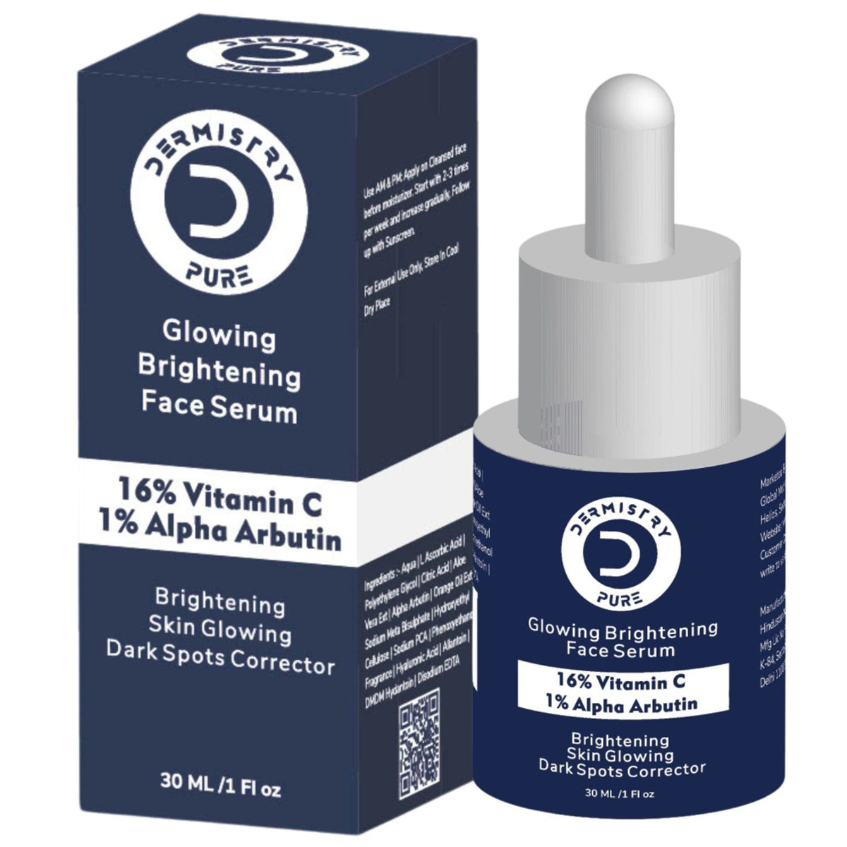 DERMISTRY 16% Vitamin C face serum with alpha for dark spots, dull skin, and glowing, fair skin tone.