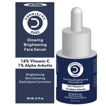 DERMISTRY 16% Vitamin C face serum for dark spots, dull skin, and glowing, fair skin in a clear dropper bottle.