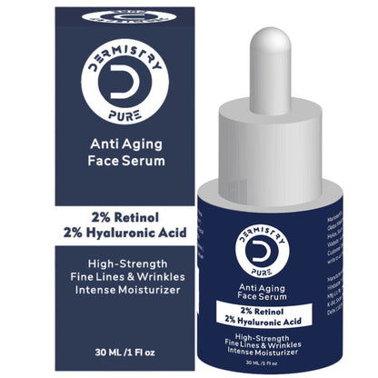DERMISTRY 2% Retinol Hyaluronic Night Face Cream serum for anti-aging, dark circles, and wrinkle reduction, shown in a jar.