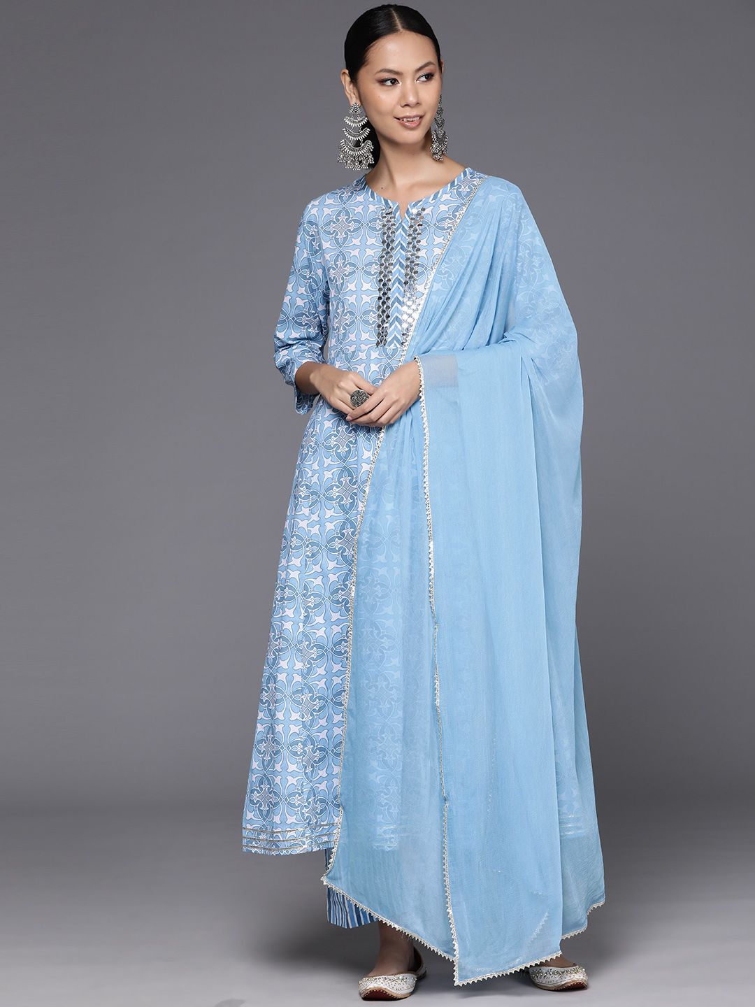 Indyancart VA Women'sPrinted Empire Mirror Work Pure Cotton Kurta with Trousers & Dupatta