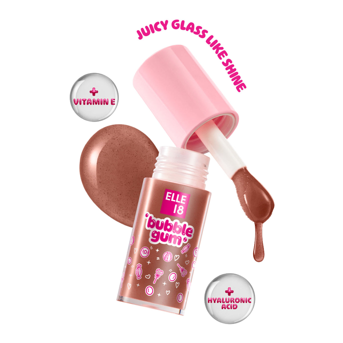 Elle 18 Bubblegum Lip Jelly in chocolate flavor, glossy lip gloss with a smooth, shiny finish, shown in a sleek container.
