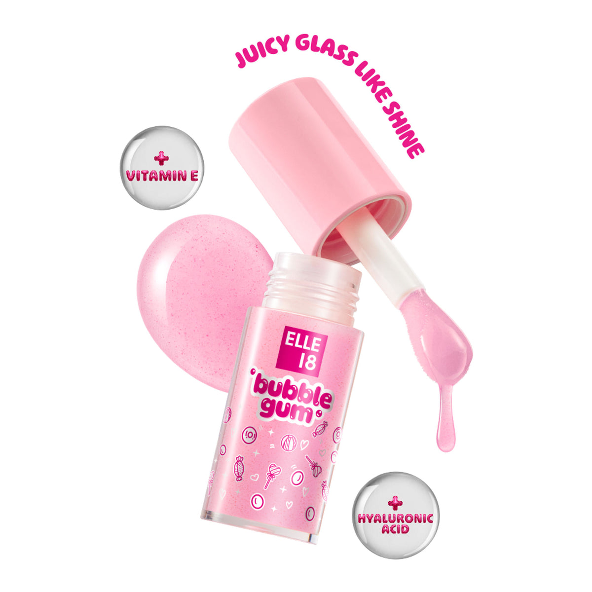 Elle 18 Bubblegum Lip Jelly in Berry shade, showing a glossy lip gloss tube with vibrant pink color and clear packaging.