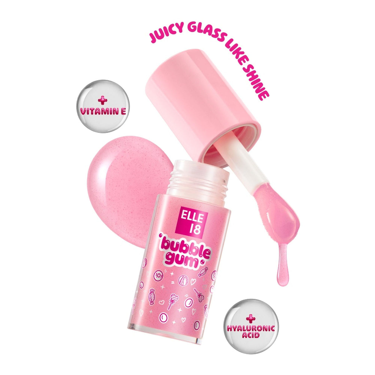 Elle 18 Bubblegum Lip Jelly Grape lip gloss in a clear container with a pink-tinted gloss and applicator wand.