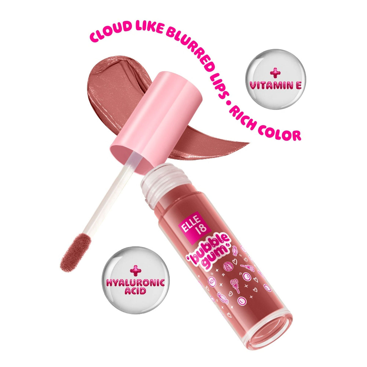 Elle 18 Bubblegum Lip Cloud liquid lipstick in Pink Boom, featuring a smooth, vibrant pink shade and cloud-like texture.