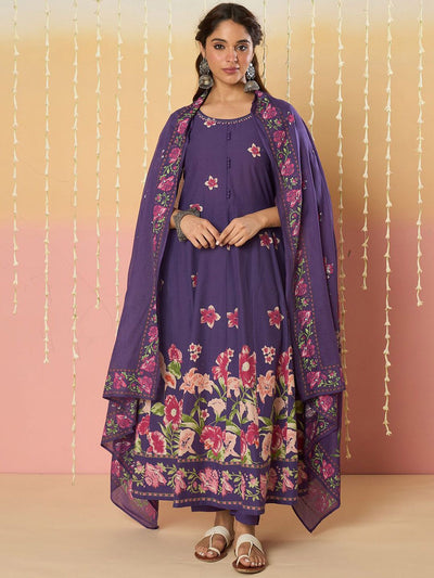Indyancart IE Floral Printed Round Neck Pure Cotton Anarkali With Trousers & Dupatta
