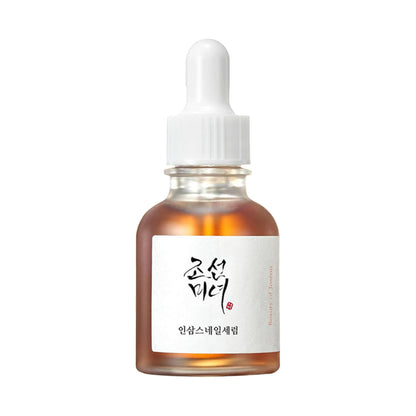 Beauty of Joseon Revive Serum with ginseng and snail mucin for improved skin elasticity, shown in clear glass bottle with dropper.