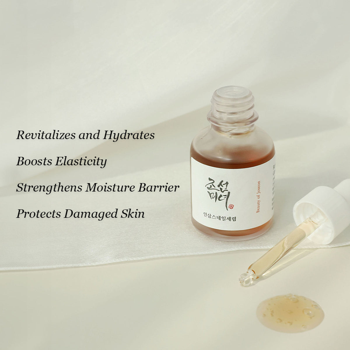 Beauty of Joseon Revive Serum with ginseng and snail mucin for skin elasticity, shown in a sleek skincare bottle.