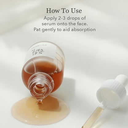 Beauty of Joseon Revive Serum with ginseng and snail mucin for improved skin elasticity, shown in a clear bottle with a dropper.