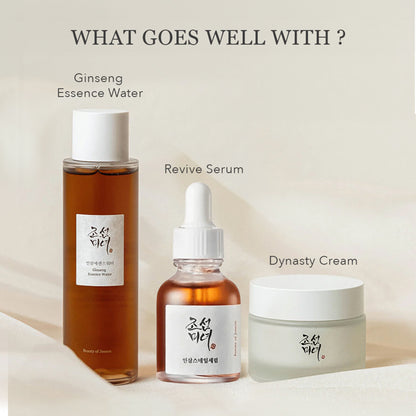 Beauty of Joseon Revive Serum with ginseng and snail mucin for improved skin elasticity, shown in a sleek bottle.