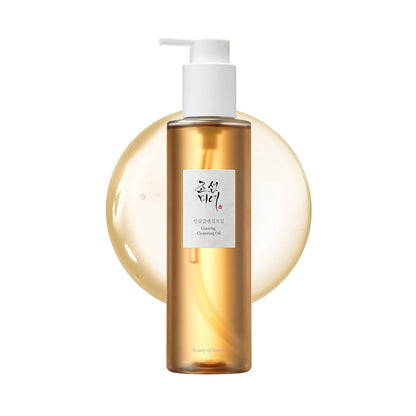 Beauty of Joseon Ginseng Cleansing Oil bottle with pump, featuring labels and clear packaging, on a neutral background.