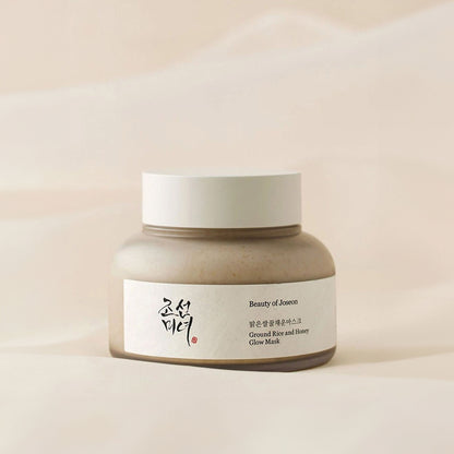 Beauty of Joseon Ground Rice and Honey Glow Mask jar with a white lid and natural ingredients visible on the label