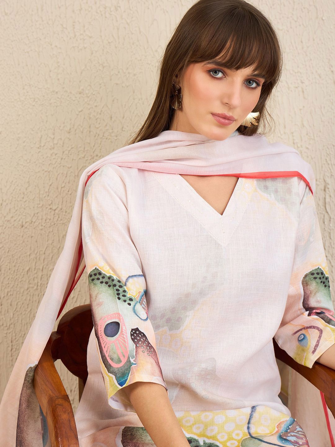 Indyancart IE Floral Printed Chanderi Silk Straight Kurta With Trousers & Dupatta