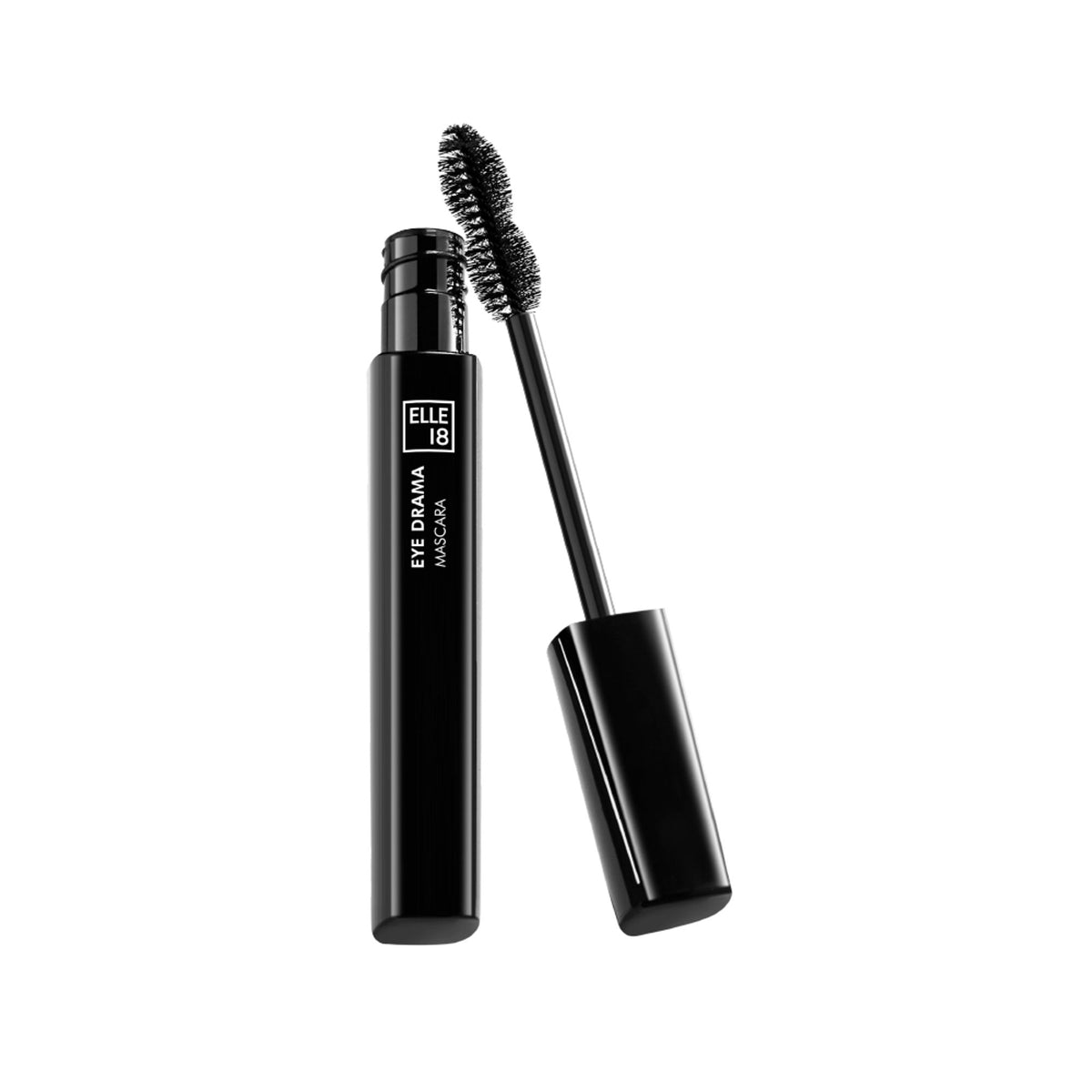 Elle 18 Eye Drama mascara in black with lightweight, volumizing formula and water-resistant design, shown on a makeup model.