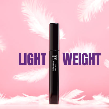 Elle 18 Eye Drama mascara in black with lightweight, volumizing, and water-resistant formula, showing the mascara wand and brush.