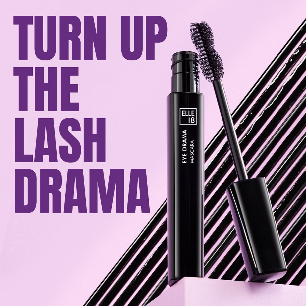 Elle 18 Eye Drama mascara in black, lightweight and volumizing with water-resistant formula, shown on a makeup model's eye.