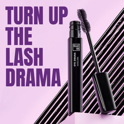 Elle 18 Eye Drama mascara in black, lightweight and volumizing with water-resistant formula, shown on a makeup model's eye.