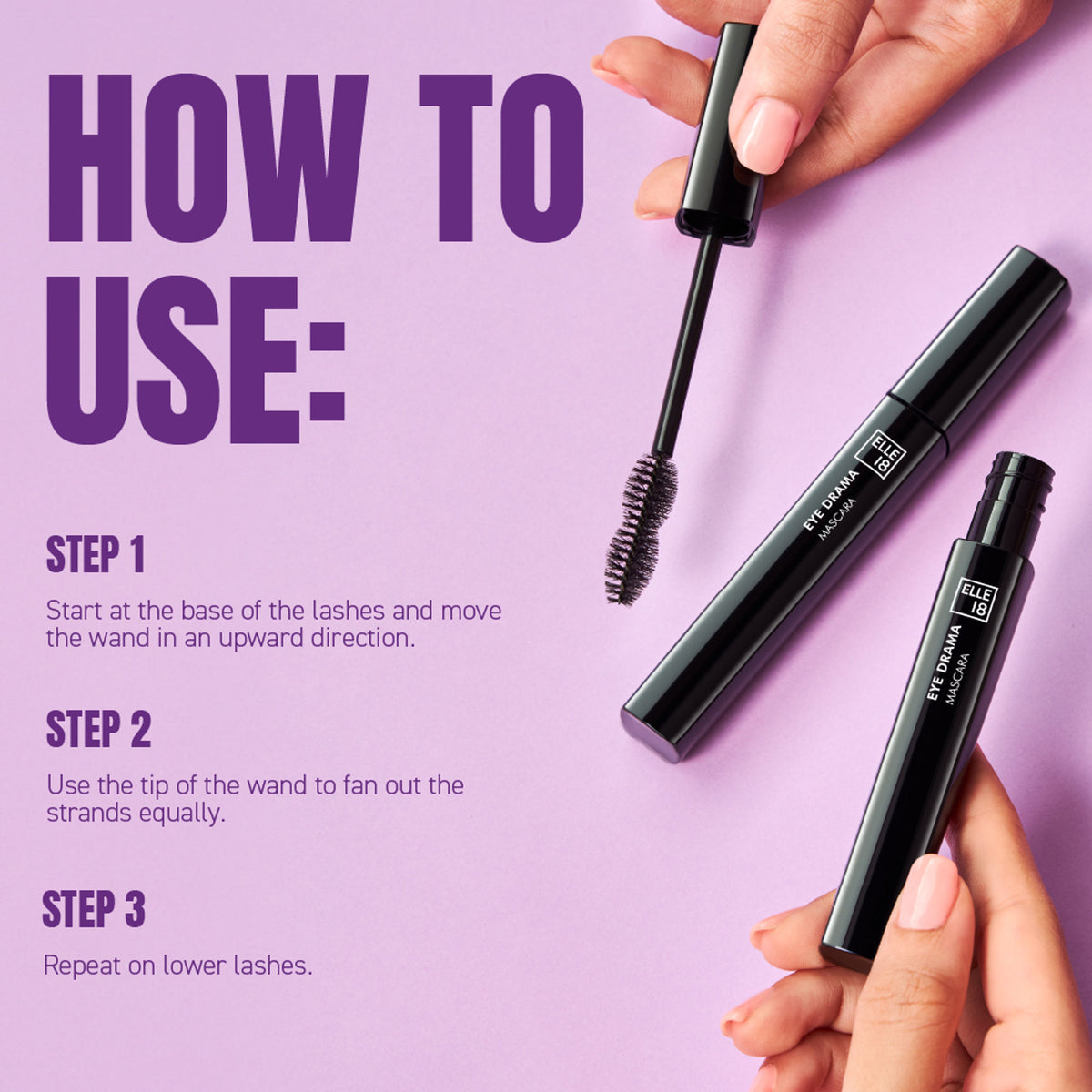 Elle 18 Eye Drama mascara in black with lightweight, volumising, water-resistant formula shown on a wand with a bristle brush.
