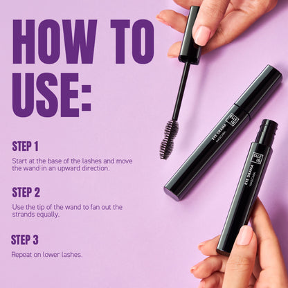 Elle 18 Eye Drama mascara in black with lightweight, volumising, water-resistant formula shown on a wand with a bristle brush.