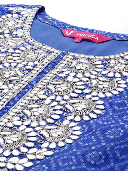 Indyancart VA Women'sBandhani Printed Mirror Work Kurta with Trousers & Dupatta