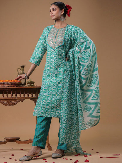 Indyancart IE Geometric Printed Sequined Pure Cotton Straight Kurta With Trouser & Dupatta