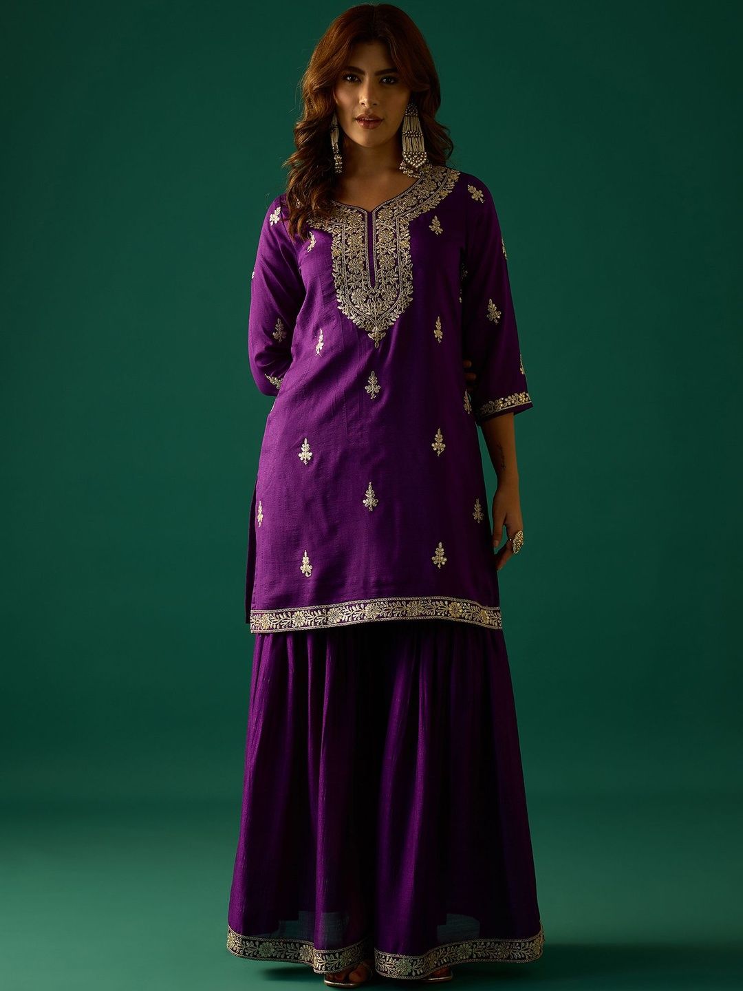 Indyancart VA Ethnic Motifs Embroidered Zari Kurta With Sharara & Dupatta