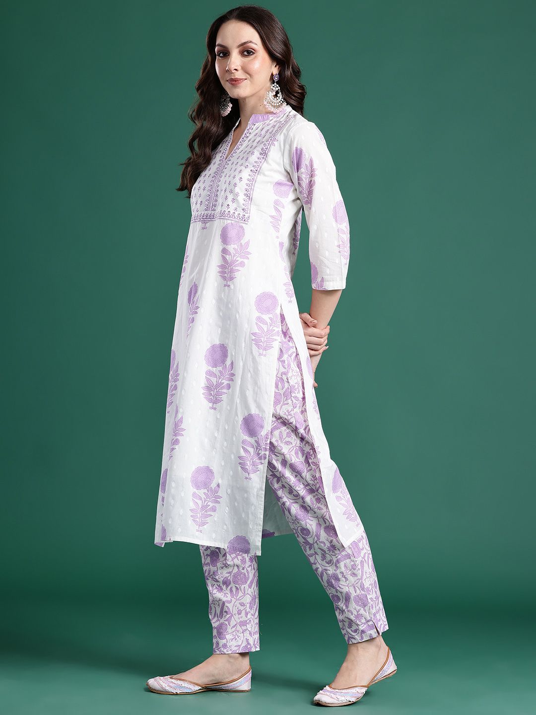 Floral Printed Pure Cotton Kurta with Trousers & Dupatta
