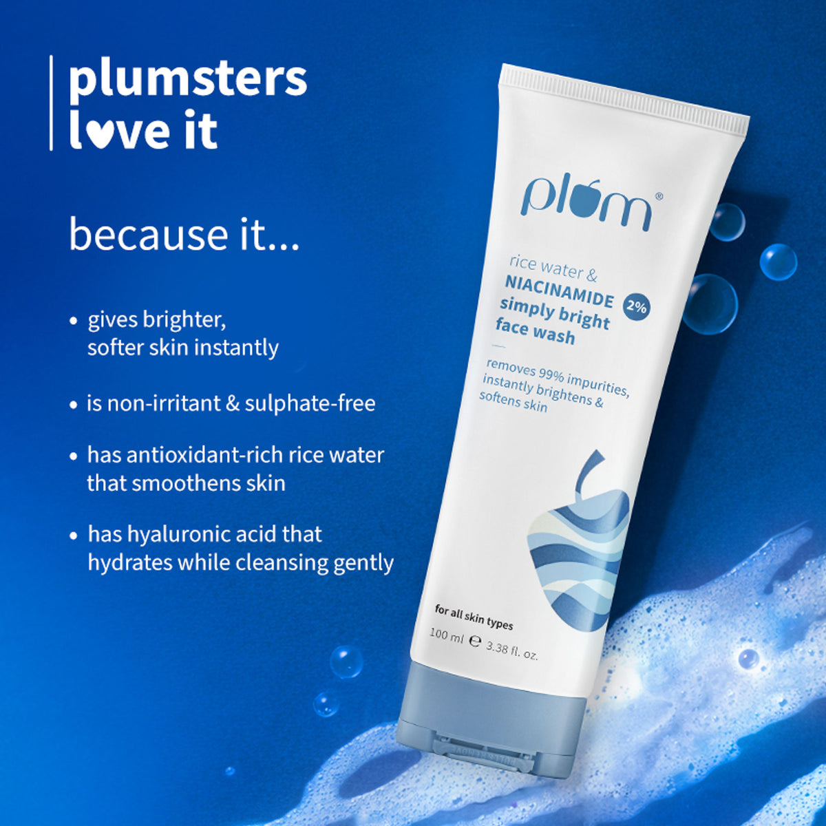 Plum 2% Niacinamide Face Wash With Rice Water For Oily Skin, Brightens & Hydrates