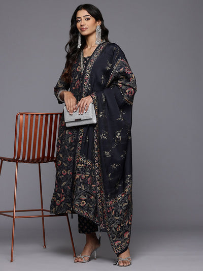 Indyancart VA Women'sFloral Printed Sequinned Kurta With Trousers & Dupatta