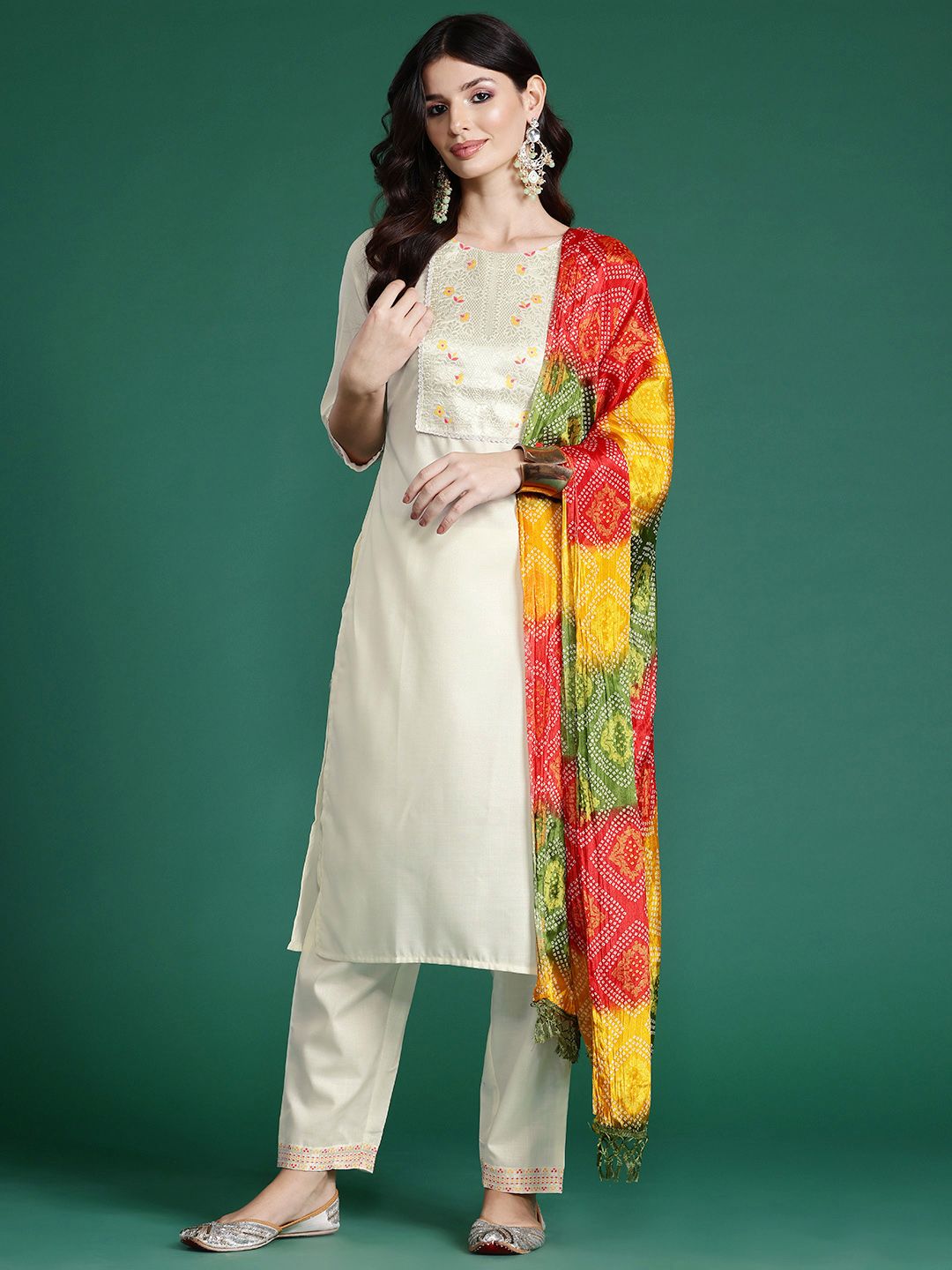 Indyancart IE Floral Yoke Design Zari Pure Cotton Kurta With Trousers & Dupatta