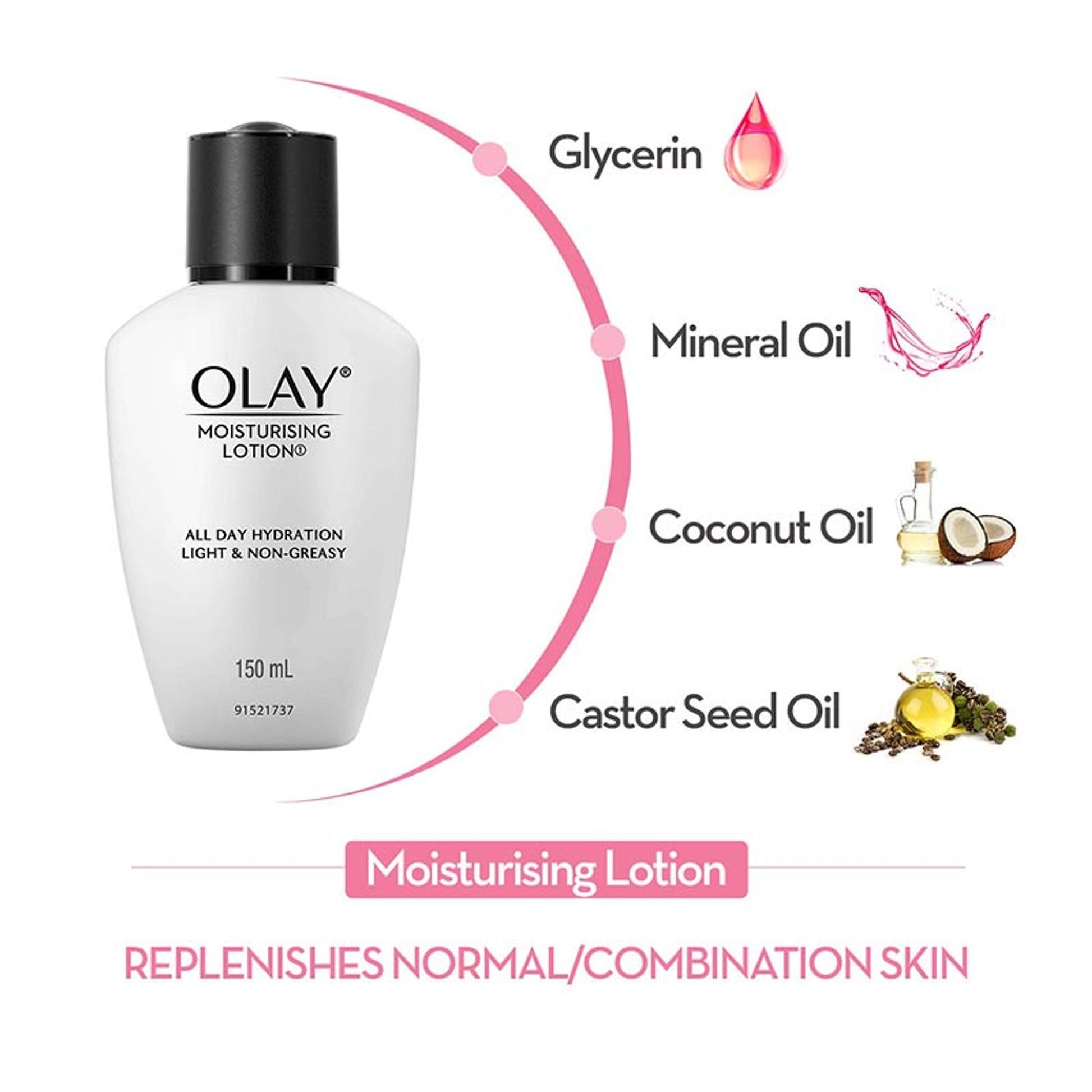 Olay Moisturising Lotion, Light Weight & Non Greasy With Coconut & Castor Seed Oil