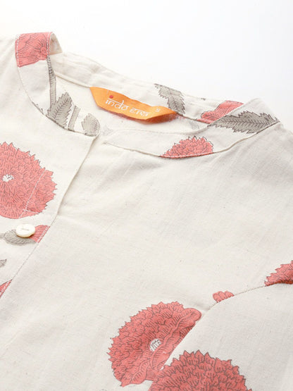 Indyancart IE Floral Printed Puff Sleeves Pure Cotton Kurta