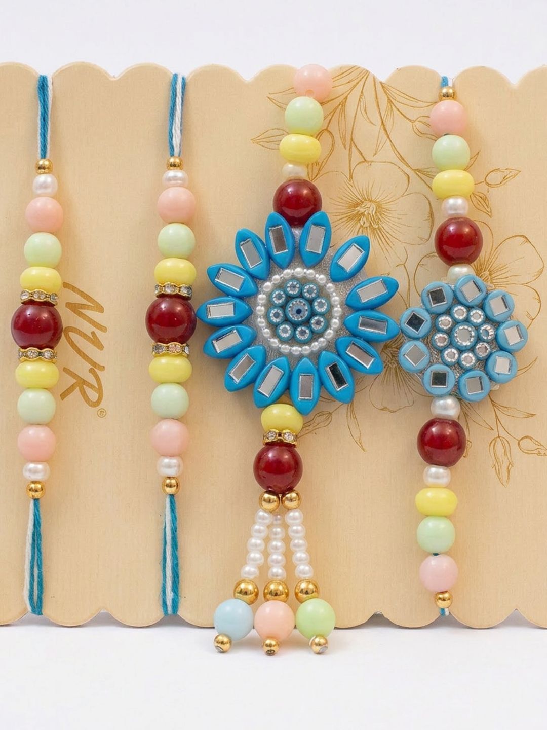 Anouk Set Of 4 Family Pack Beaded Thread Rakhi With Roli Chawal Chandan Mishri